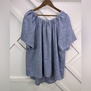 NWT Crown Linen Designs 100% Linen Chambray Blue Peasant Blouse XXL